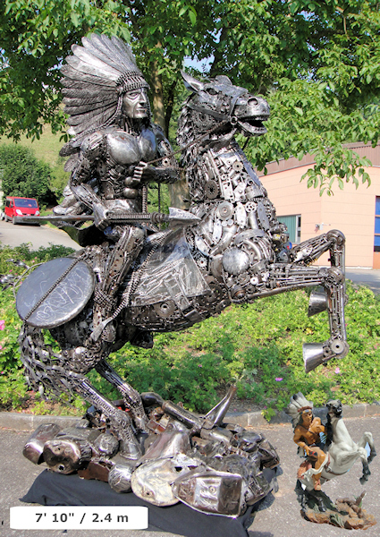 Sculpture of American Indian on horse made from recycled metal by Tom Samui