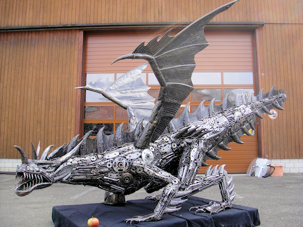 Fantasy creature sculpture made from recycled metal by Tom Samui