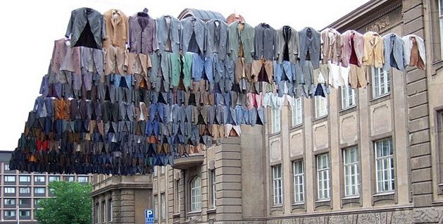 Photo of hanging art installation clothes fabric Kaarina Kaikkonen