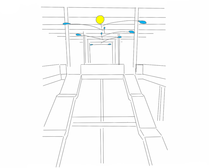 Drawing of a large custom hanging mobile drawing for a shopping mall