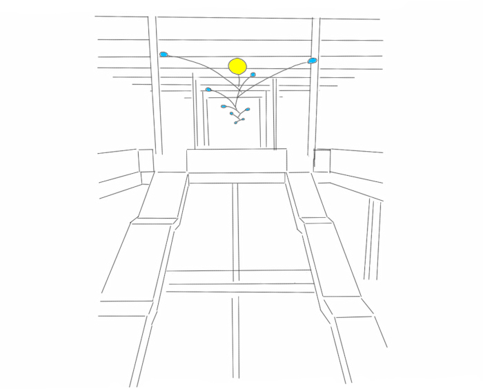 Drawing of a large custom made hanging mobile for commercial interior design