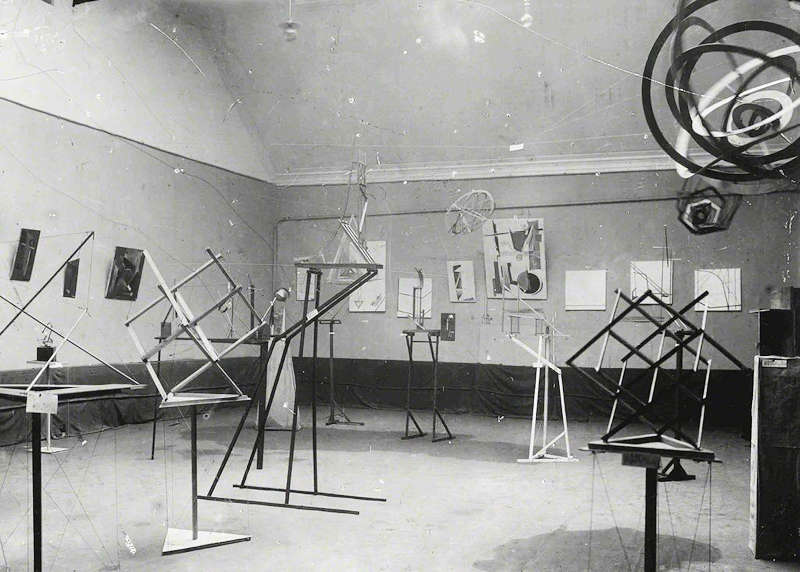 Photo of Hanging Sculptures at Obmokhu Exhibition in Moscow 1921
