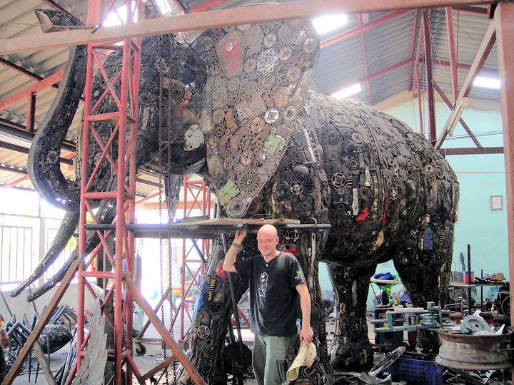 Sculpture of an Elephant made from recycled metal by Tom Samui