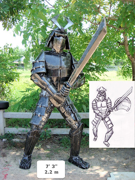 Samurai sculpture made from recycled metal by Tom Samui